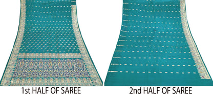 Indian Vintage Green Heavy Wedding Saree Pure Satin Silk Hand Embroidered Banarsi Brocade Sari Zari/Zardozi/Dabka 5Yd Dressmaking