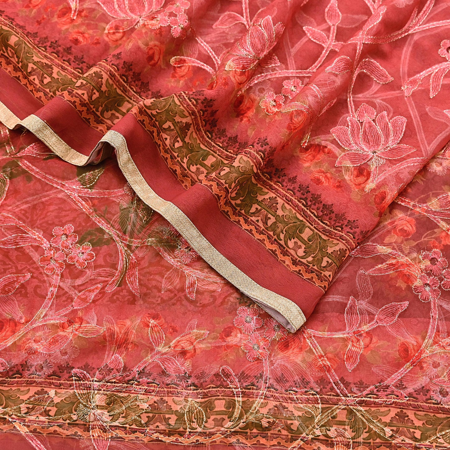 Indian Vintage Dupatta Brown & Pink Pure Georgette silk Long Stole Embroidered Scarves Stole Veil Wrap Sequins Zari