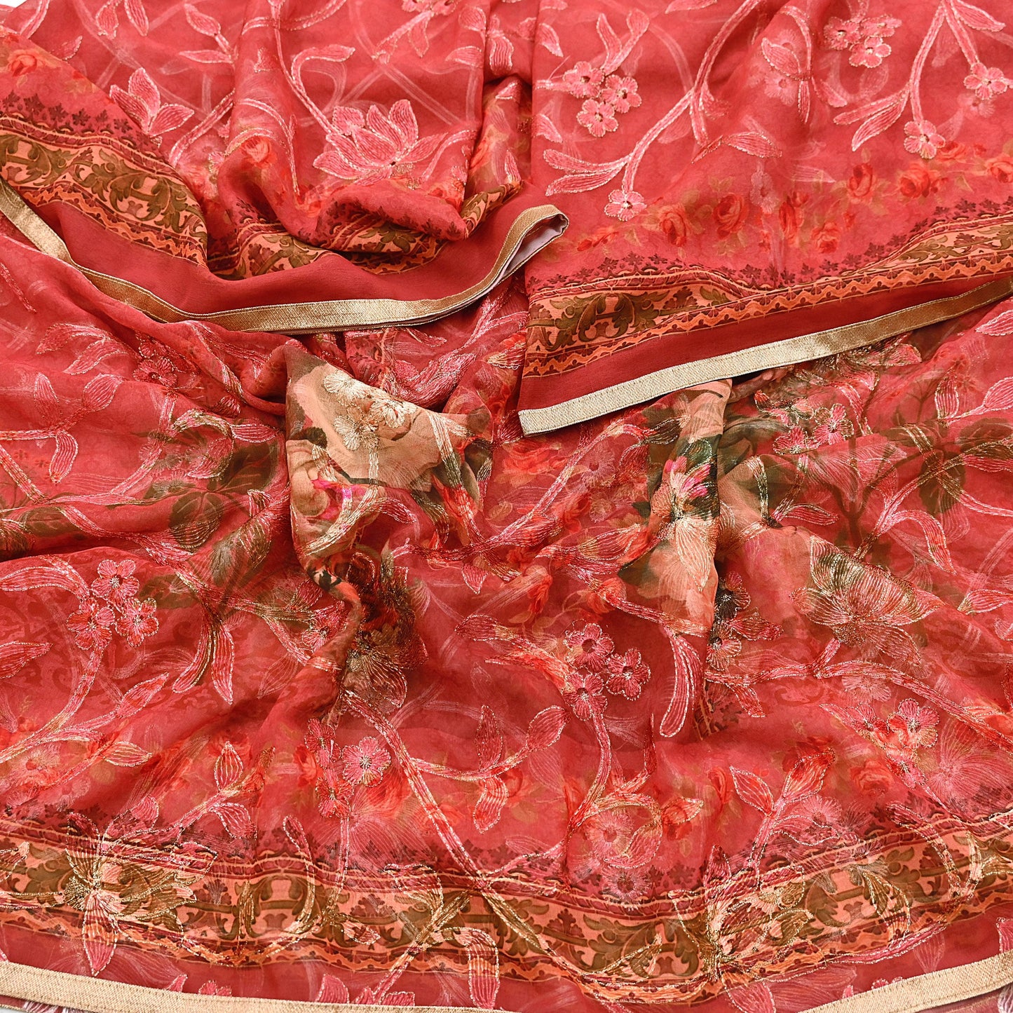 Indian Vintage Dupatta Brown & Pink Pure Georgette silk Long Stole Embroidered Scarves Stole Veil Wrap Sequins Zari