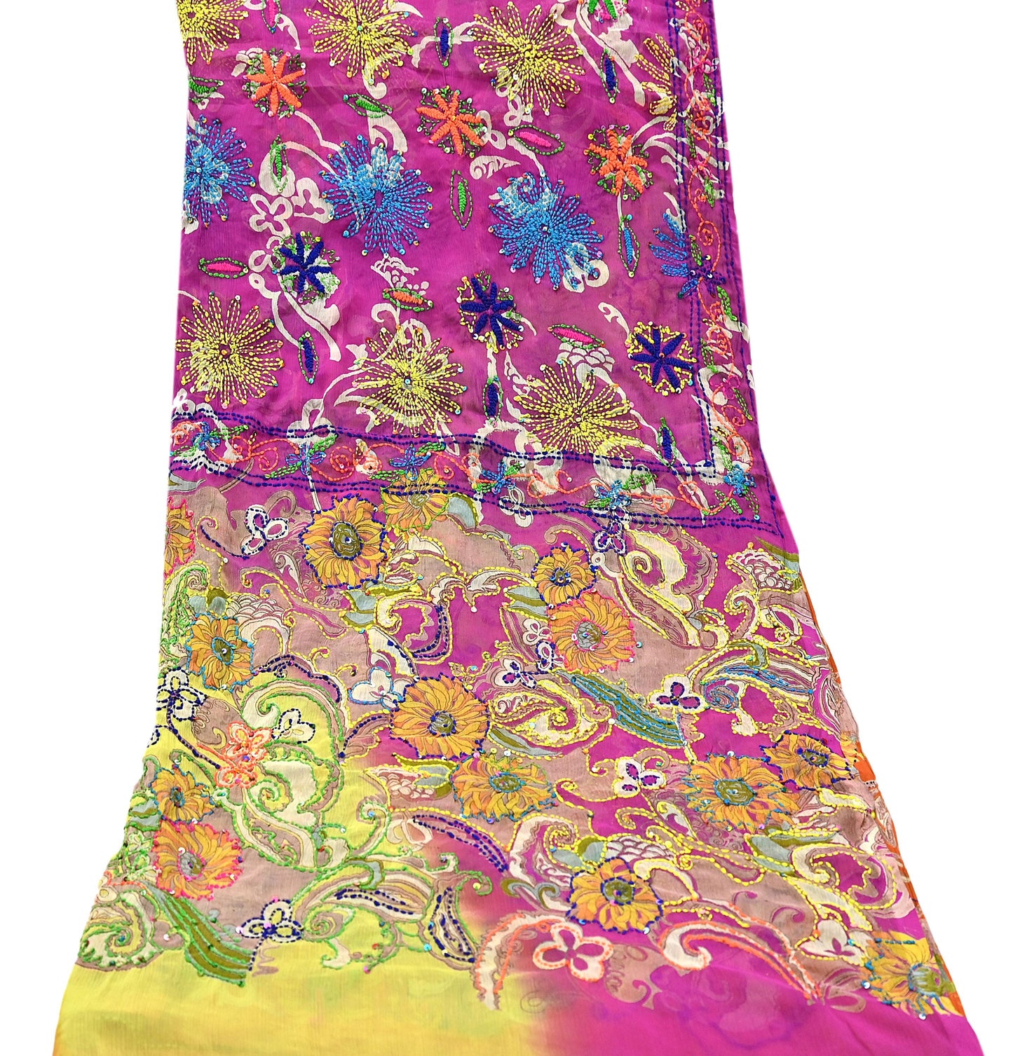 Indian Vintage Dupatta Long Stole Hand Embroidered kantha stole Georgette Scarves Veil Wrap Soft Floral Sequins