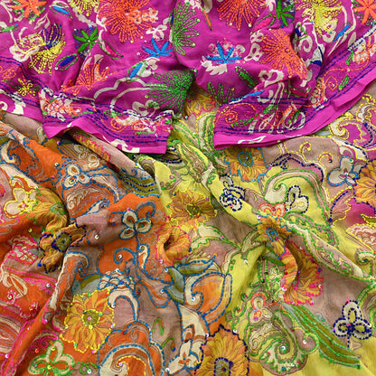 Indian Vintage Dupatta Long Stole Hand Embroidered kantha stole Georgette Scarves Veil Wrap Soft Floral Sequins