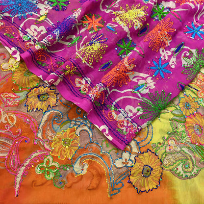 Indian Vintage Dupatta Long Stole Hand Embroidered kantha stole Georgette Scarves Veil Wrap Soft Floral Sequins