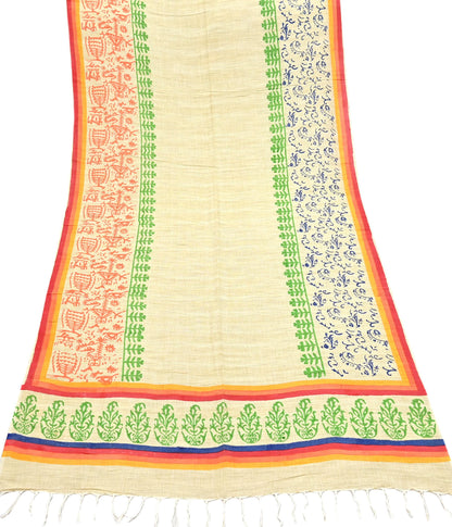 Indian Vintage Beige Dupatta 100% Pure Cotton Printed Long Stole Scarves Soft Veil Hijab Floral Design Boho Fabric For Dress