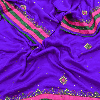 Indian Vintage Purple Dupatta Pure Silk Long Stole Hand Embroidered Scarves Floral Design Stole Veil Wrap Sequins