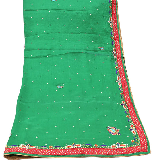 Indian Vintage Green Dupatta Pure Silk Long Stole Hand Embroidered Scarves Floral Design Stole Veil Wrap Sequins
