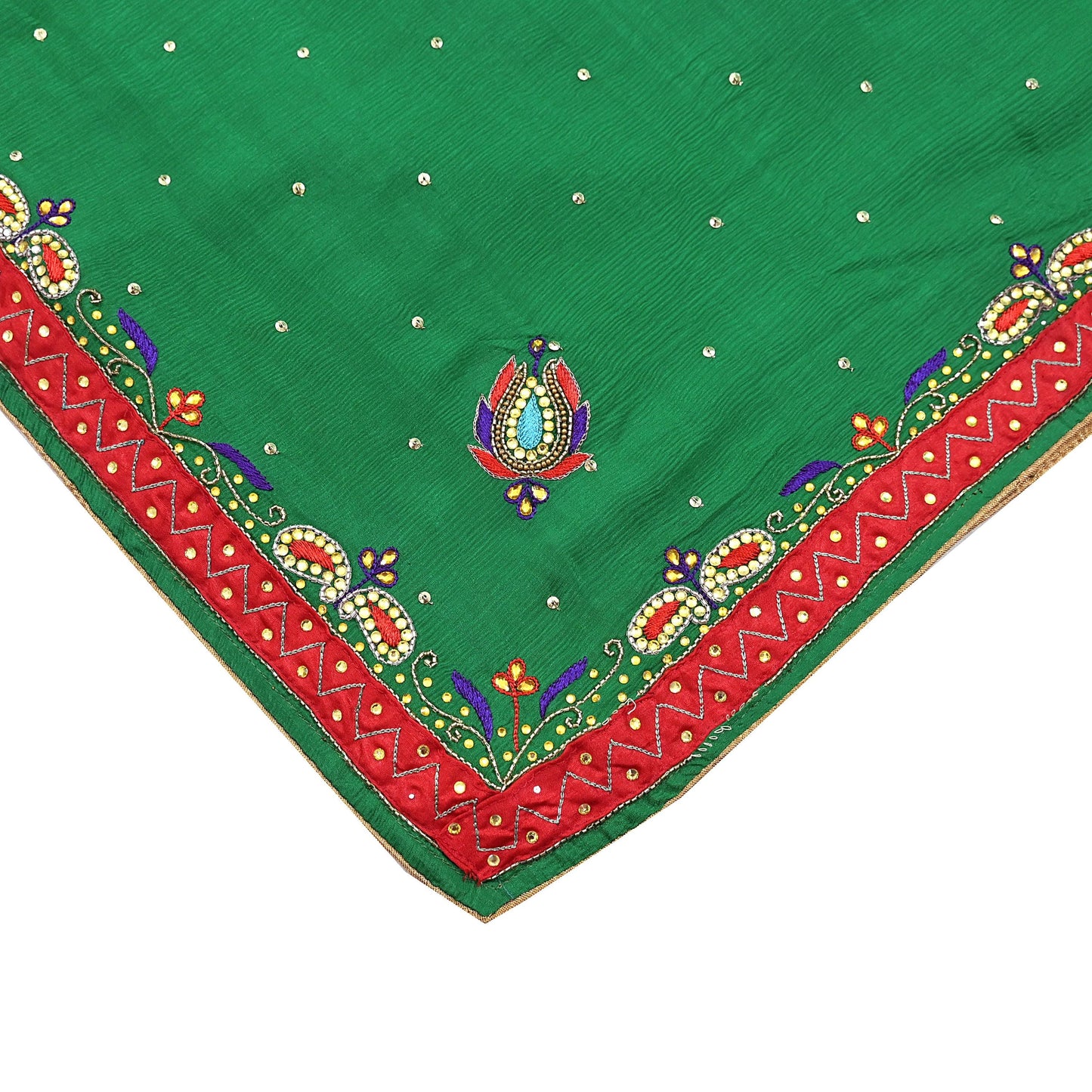 Indian Vintage Green Dupatta Pure Silk Long Stole Hand Embroidered Scarves Floral Design Stole Veil Wrap Sequins