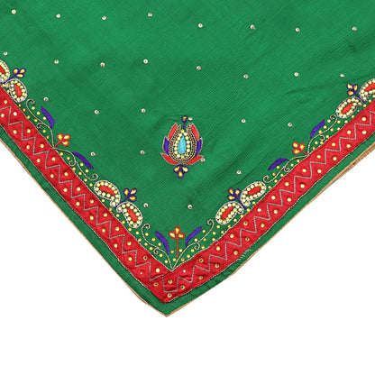 Indian Vintage Green Dupatta Pure Silk Long Stole Hand Embroidered Scarves Floral Design Stole Veil Wrap Sequins