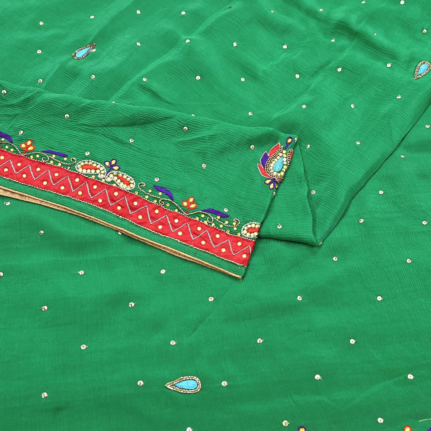 Indian Vintage Green Dupatta Pure Silk Long Stole Hand Embroidered Scarves Floral Design Stole Veil Wrap Sequins
