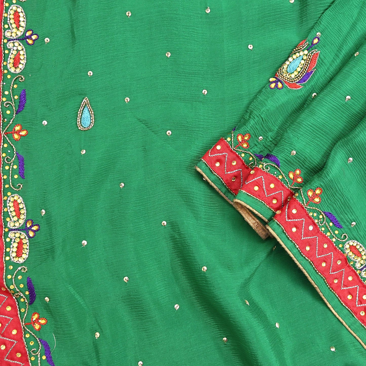 Indian Vintage Green Dupatta Pure Silk Long Stole Hand Embroidered Scarves Floral Design Stole Veil Wrap Sequins