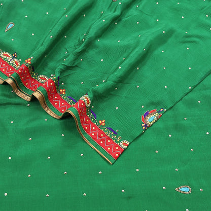 Indian Vintage Green Dupatta Pure Silk Long Stole Hand Embroidered Scarves Floral Design Stole Veil Wrap Sequins