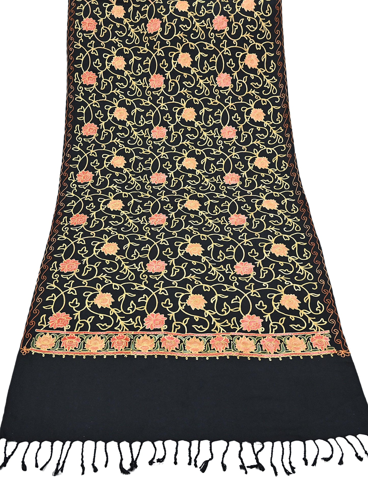 Vintage Stole Black woolen Handmade Ari work Long Throw Warm Stole Floral Design Fringes