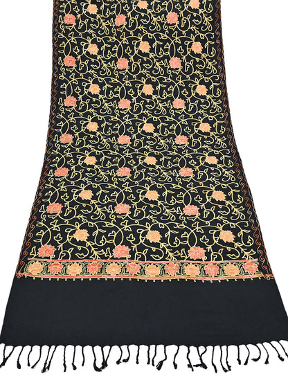 Vintage Stole Black woolen Handmade Ari work Long Throw Warm Stole Floral Design Fringes