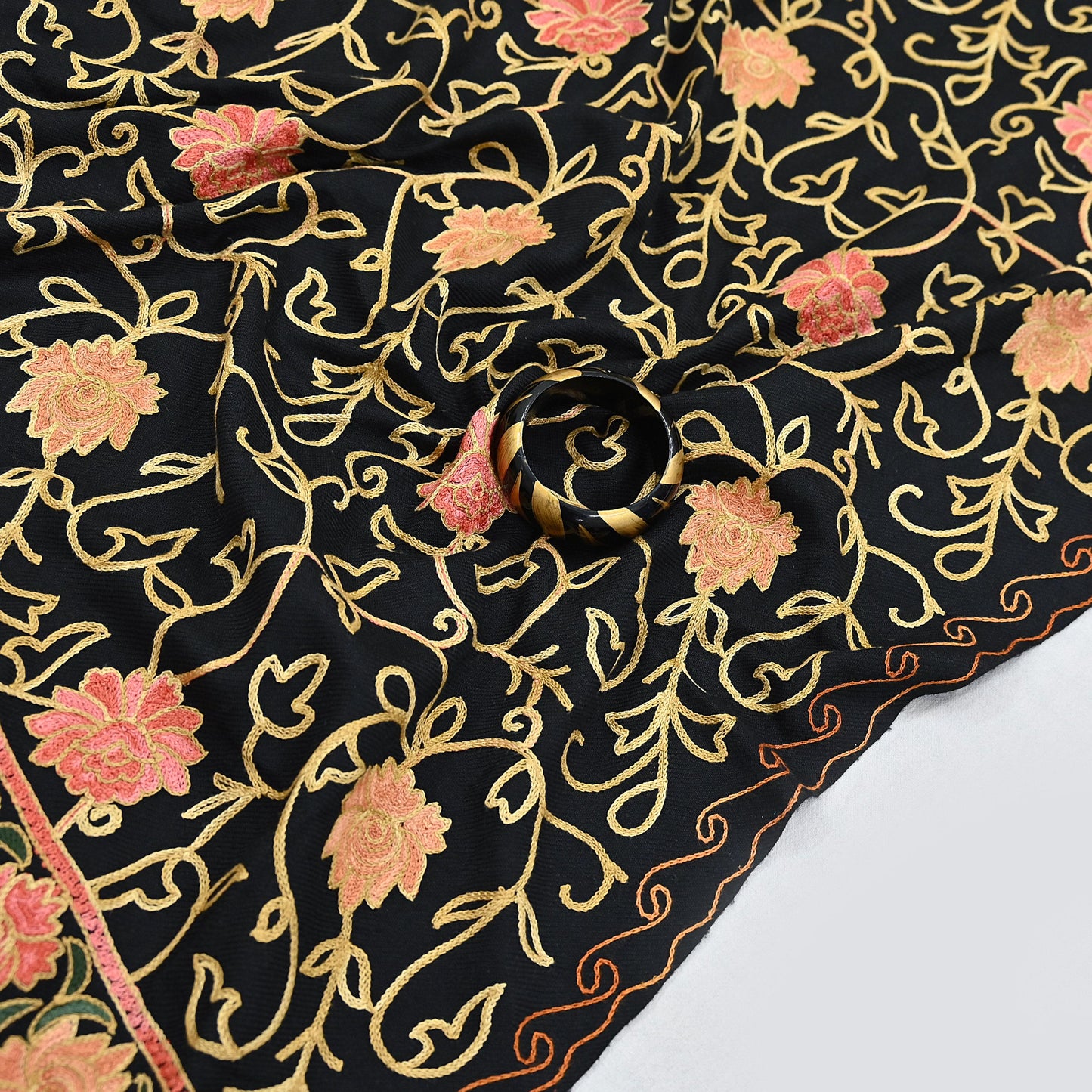 Vintage Stole Black woolen Handmade Ari work Long Throw Warm Stole Floral Design Fringes