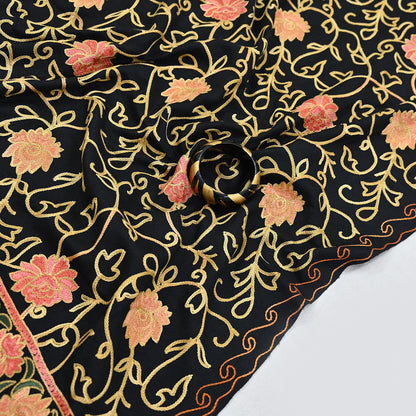 Vintage Stole Black woolen Handmade Ari work Long Throw Warm Stole Floral Design Fringes