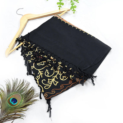 Vintage Stole Black woolen Handmade Ari work Long Throw Warm Stole Floral Design Fringes