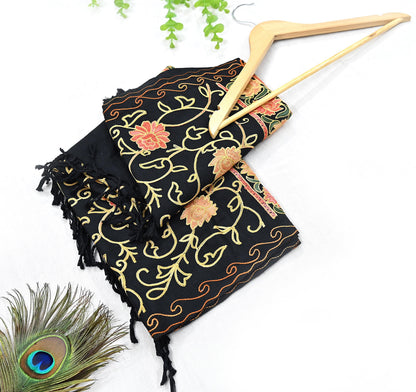 Vintage Stole Black woolen Handmade Ari work Long Throw Warm Stole Floral Design Fringes