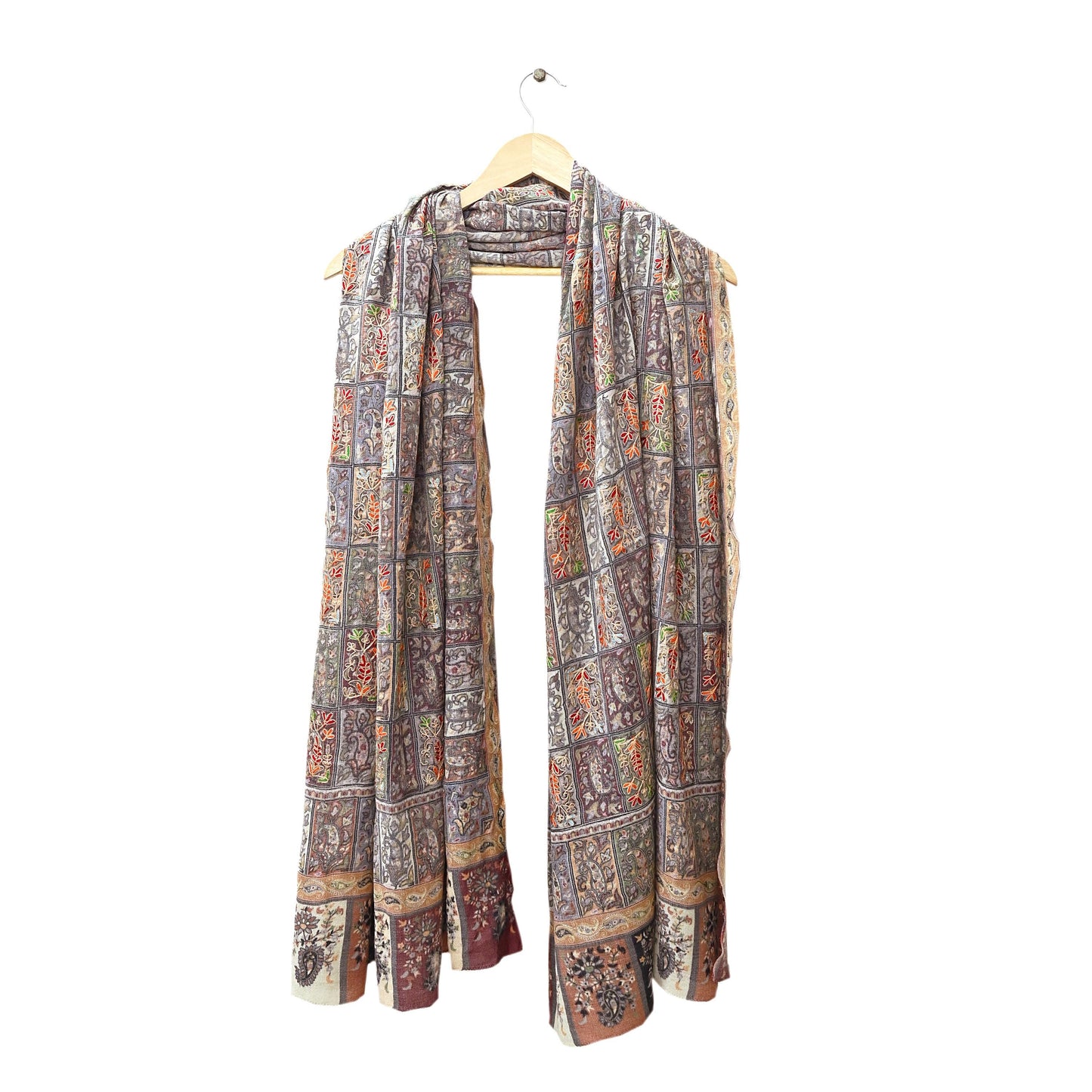 Indian Vintage Multi Pure Fine Wool Shawl Handmade Ari work Long Throw Stole Warm Stole Paisley Design