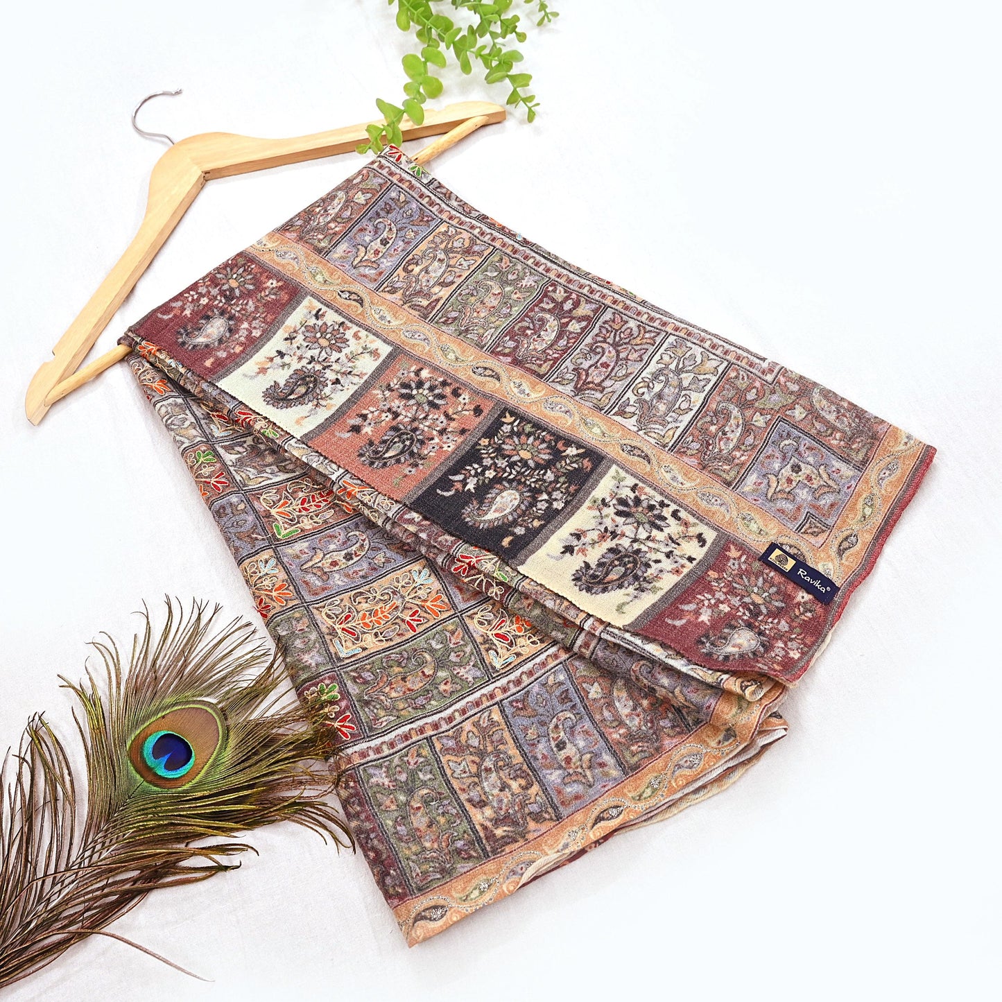 Indian Vintage Multi Pure Fine Wool Shawl Handmade Ari work Long Throw Stole Warm Stole Paisley Design