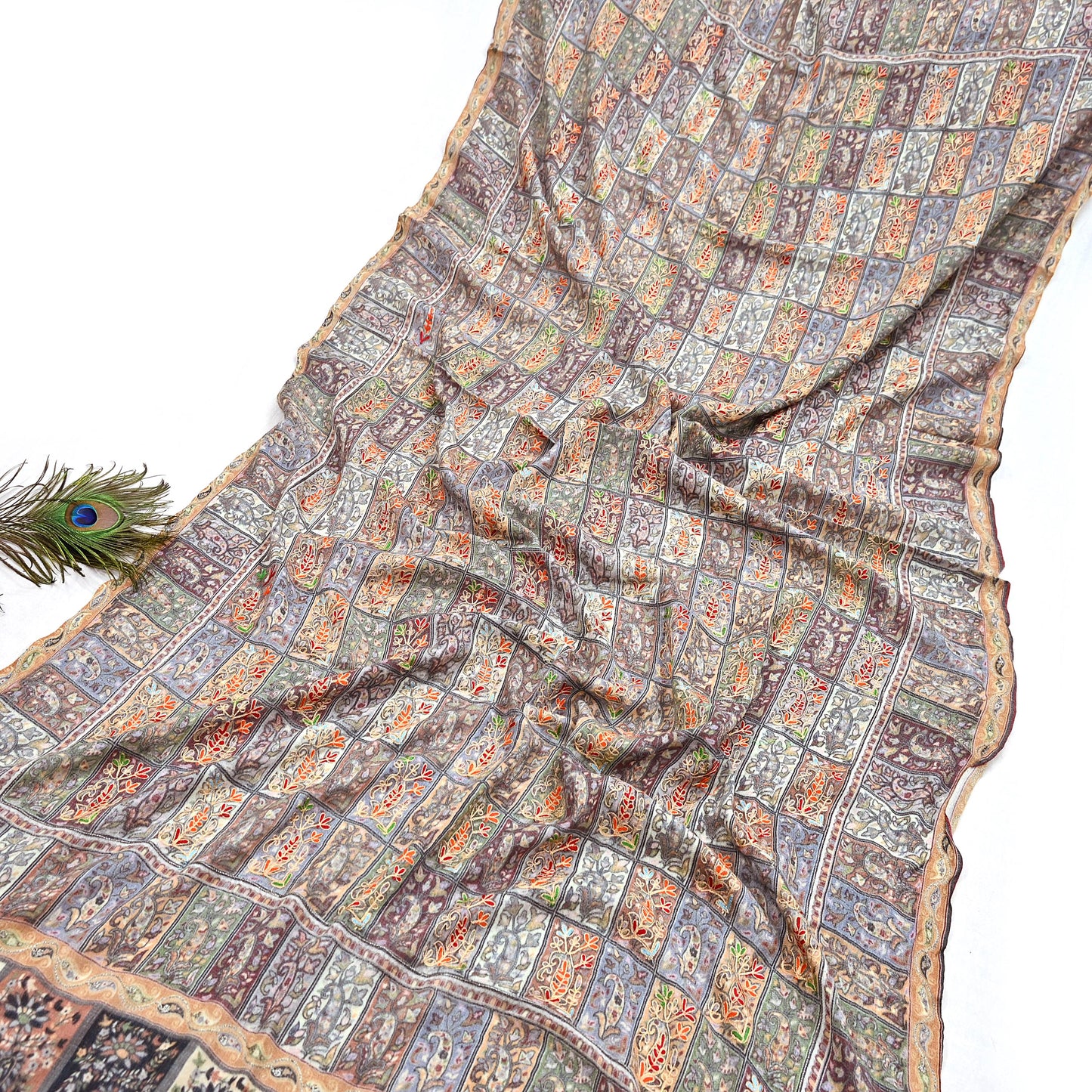 Indian Vintage Multi Pure Fine Wool Shawl Handmade Ari work Long Throw Stole Warm Stole Paisley Design