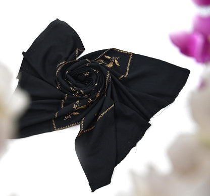 Indian Vintage Black Shawl Pure Woolen Handmade Suzani Long Throw Stole Warm Floral Design Soft Cozy