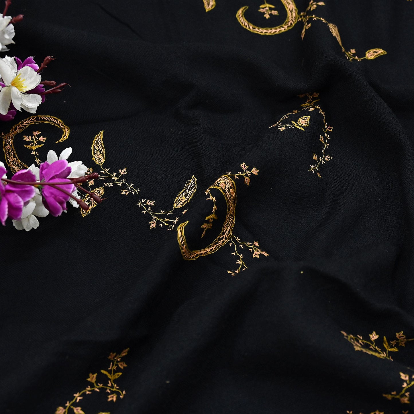 Indian Vintage Black Shawl Pure Woolen Handmade Suzani Long Throw Stole Warm Floral Design Soft Cozy