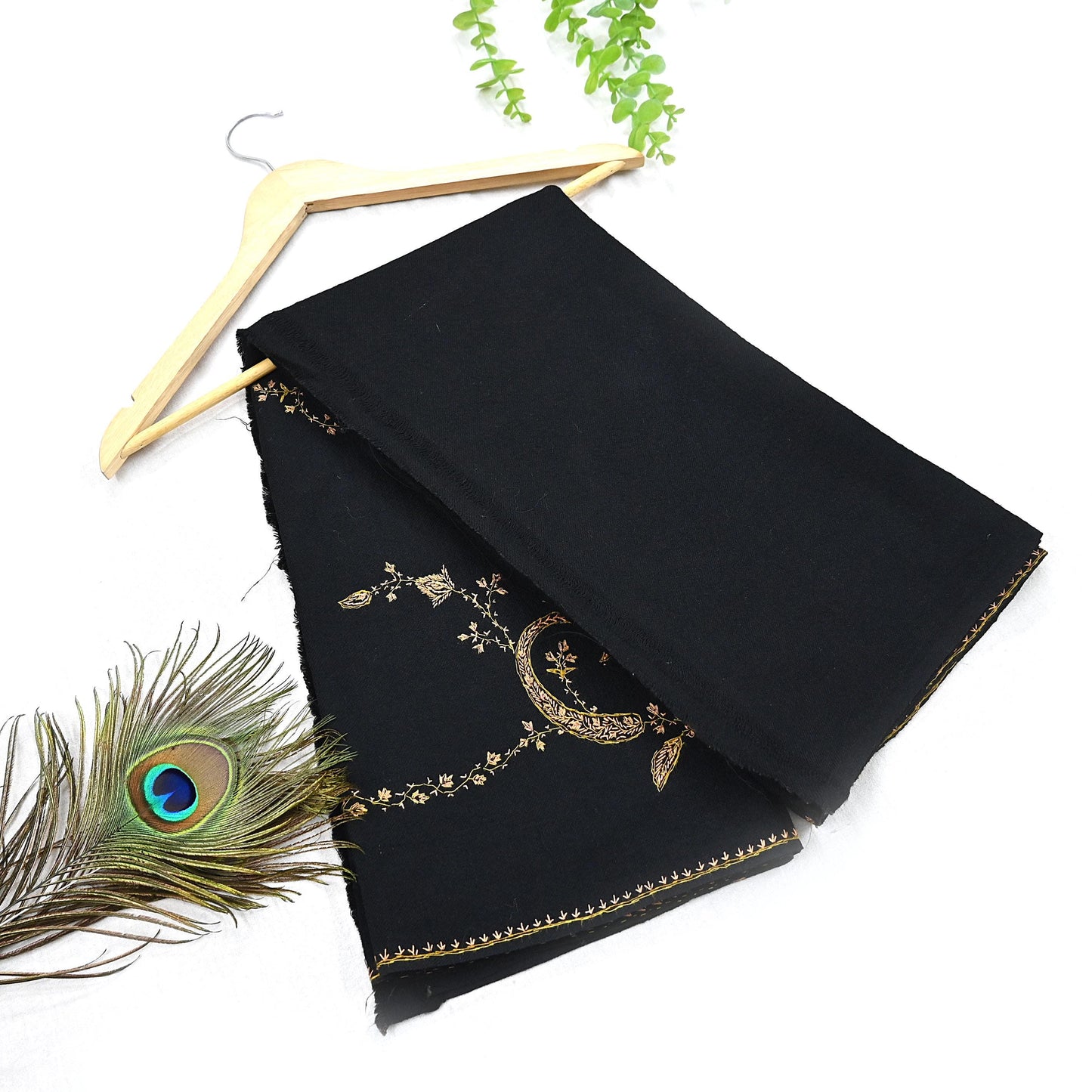 Indian Vintage Black Shawl Pure Woolen Handmade Suzani Long Throw Stole Warm Floral Design Soft Cozy