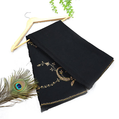 Indian Vintage Black Shawl Pure Woolen Handmade Suzani Long Throw Stole Warm Floral Design Soft Cozy