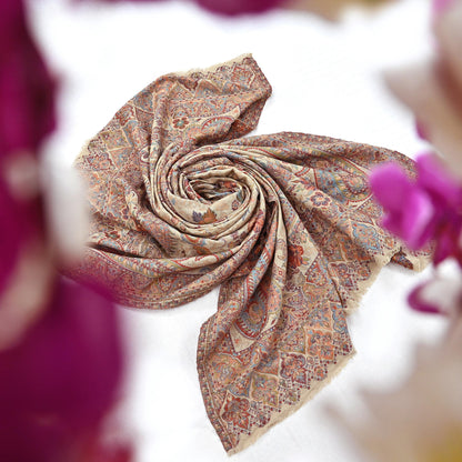 Vintage Beige woolen Shawl Handmade Woven Long Throw Stole Warm Stole Paisley Floral Design Fringes