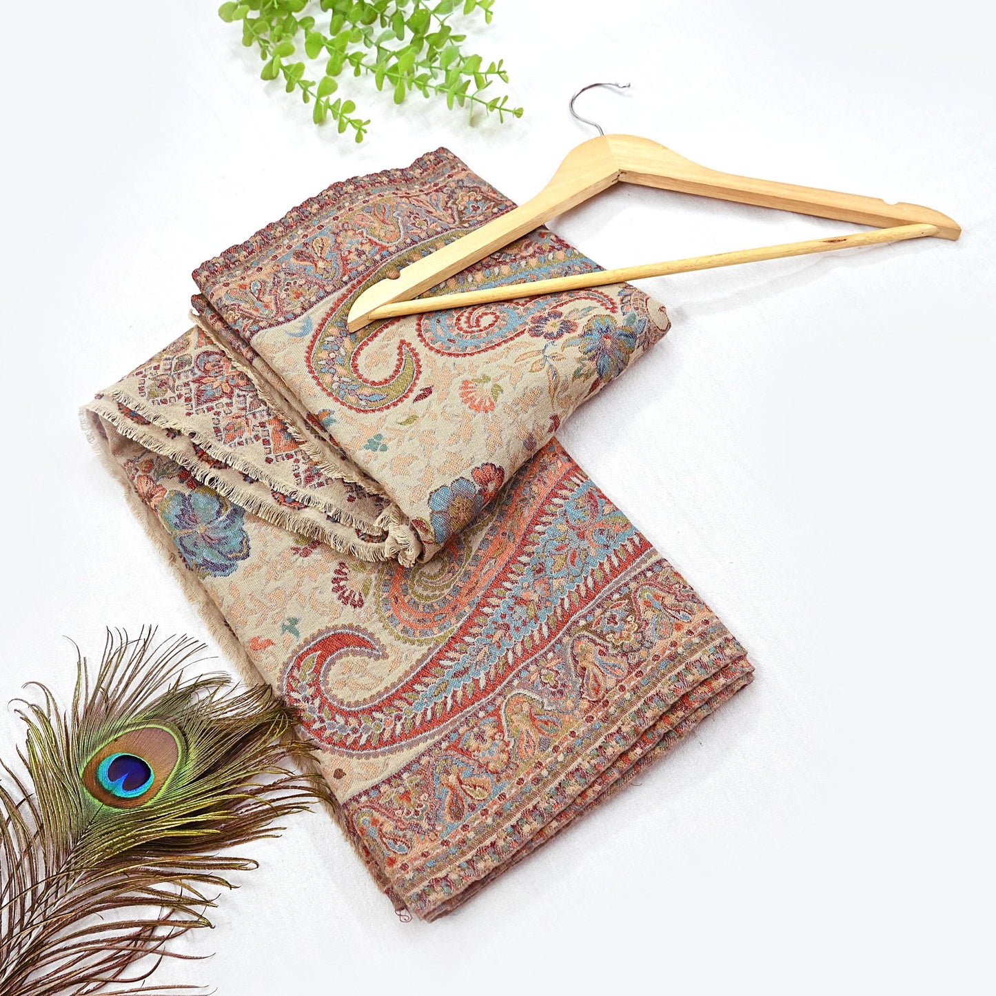 Vintage Beige woolen Shawl Handmade Woven Long Throw Stole Warm Stole Paisley Floral Design Fringes