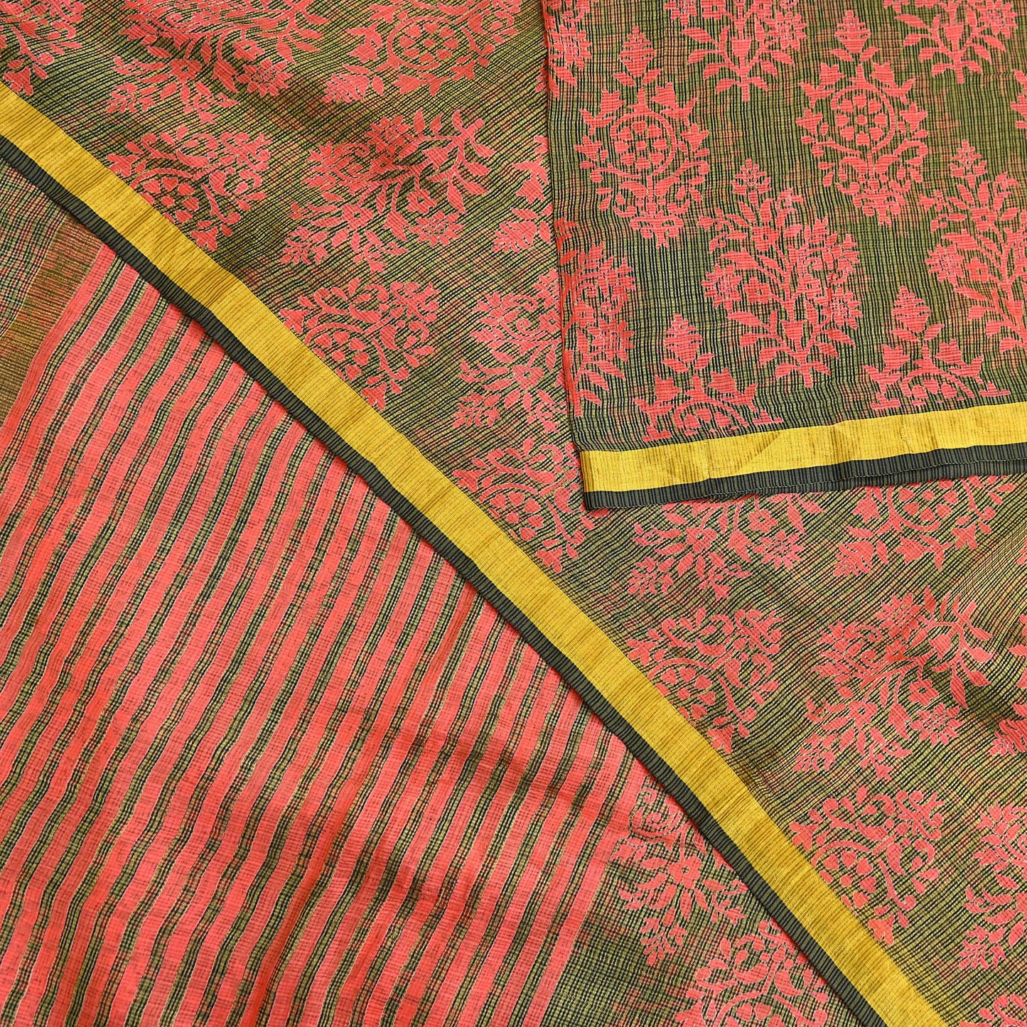 Indian Vintage Fabindia Sari Green & Peach Pure Silk Block Printed Sarees Craft Fabric 5Yd Floral Dress making bollywood silk sarees