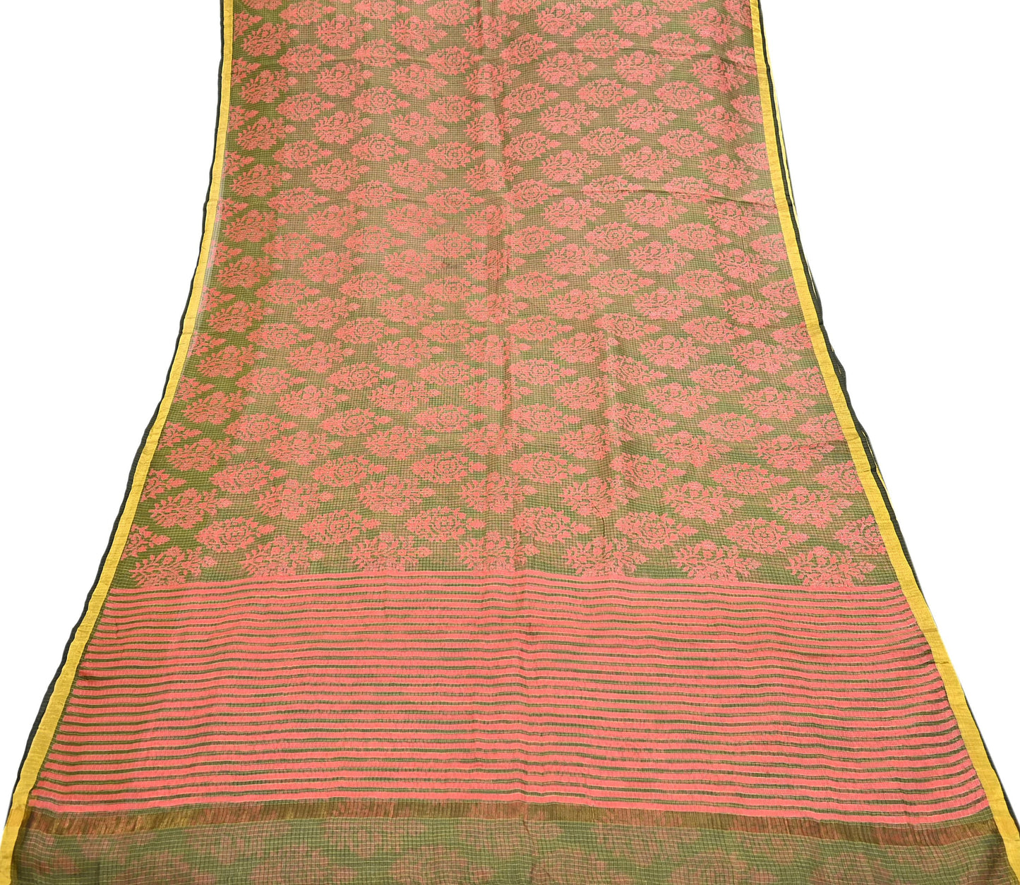 Indian Vintage Fabindia Sari Green & Peach Pure Silk Block Printed Sarees Craft Fabric 5Yd Floral Dress making bollywood silk sarees