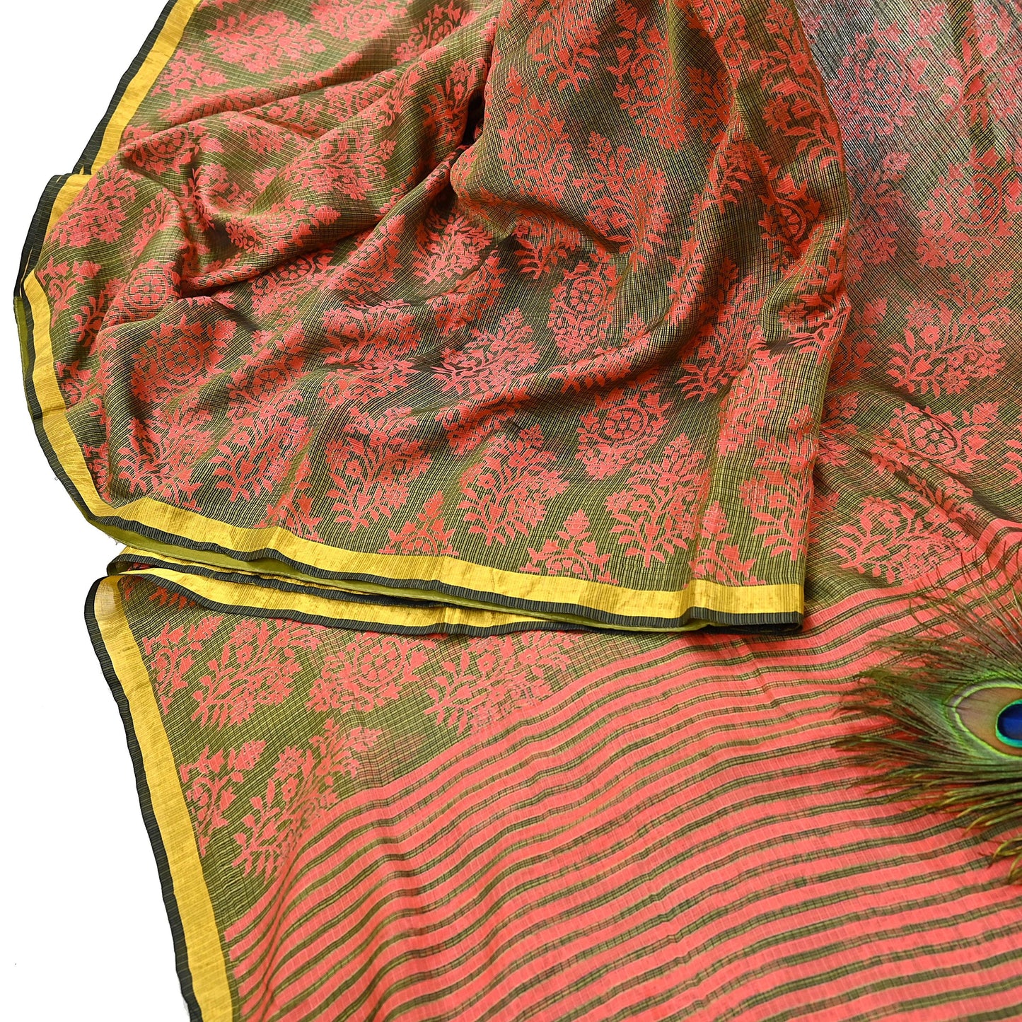 Indian Vintage Fabindia Sari Green & Peach Pure Silk Block Printed Sarees Craft Fabric 5Yd Floral Dress making bollywood silk sarees