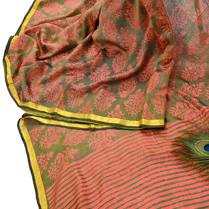 Indian Vintage Fabindia Sari Green & Peach Pure Silk Block Printed Sarees Craft Fabric 5Yd Floral Dress making bollywood silk sarees