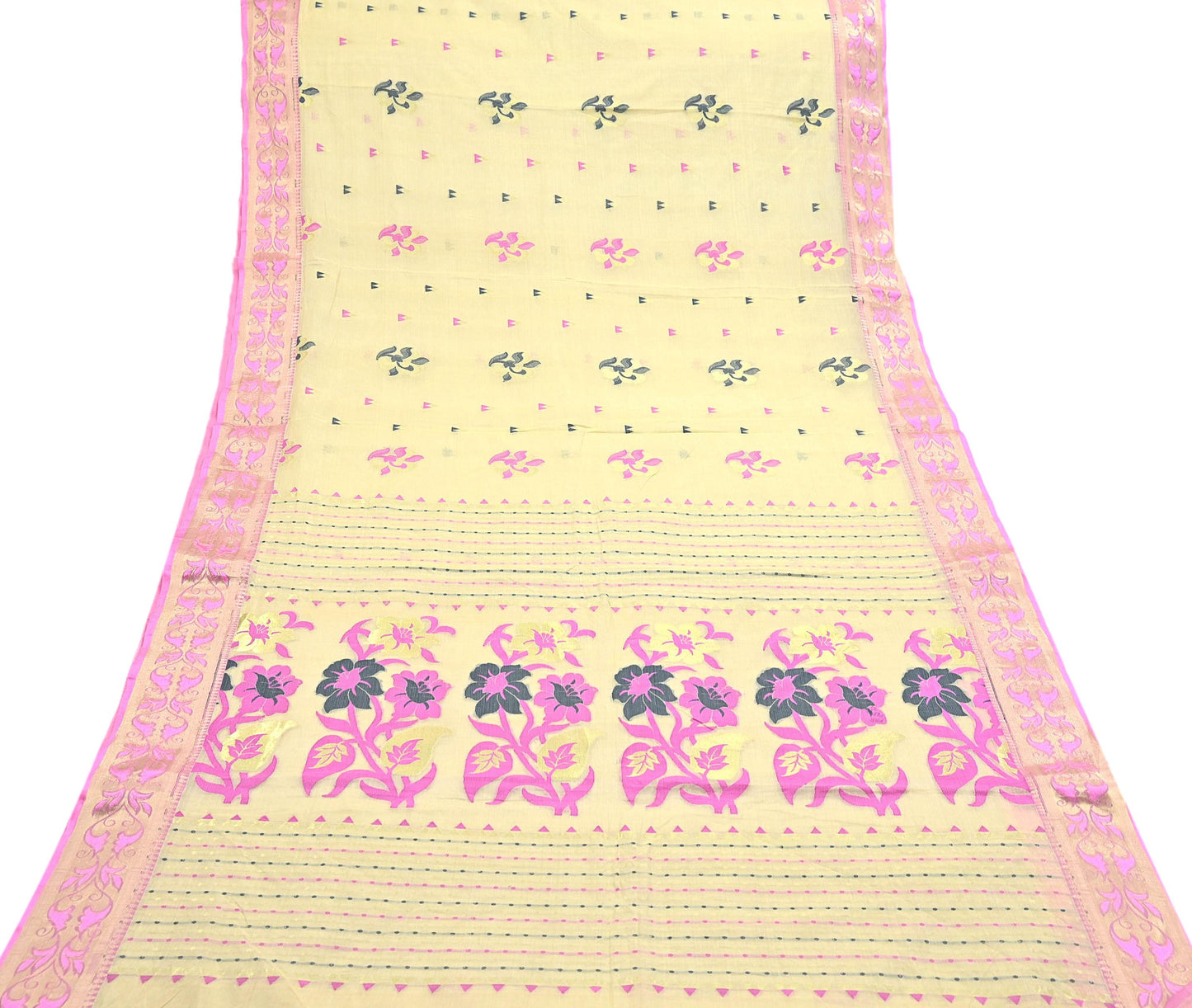 Indian Vintage Sari Beige Pure Cotton Hand Woven Sarees Craft Fabric 5yd Ethnic Floral Crafting Upcycle Quilting Dress Making Fringes