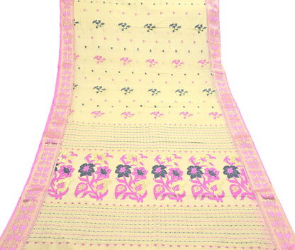 Indian Vintage Sari Beige Pure Cotton Hand Woven Sarees Craft Fabric 5yd Ethnic Floral Crafting Upcycle Quilting Dress Making Fringes
