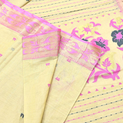 Indian Vintage Sari Beige Pure Cotton Hand Woven Sarees Craft Fabric 5yd Ethnic Floral Crafting Upcycle Quilting Dress Making Fringes