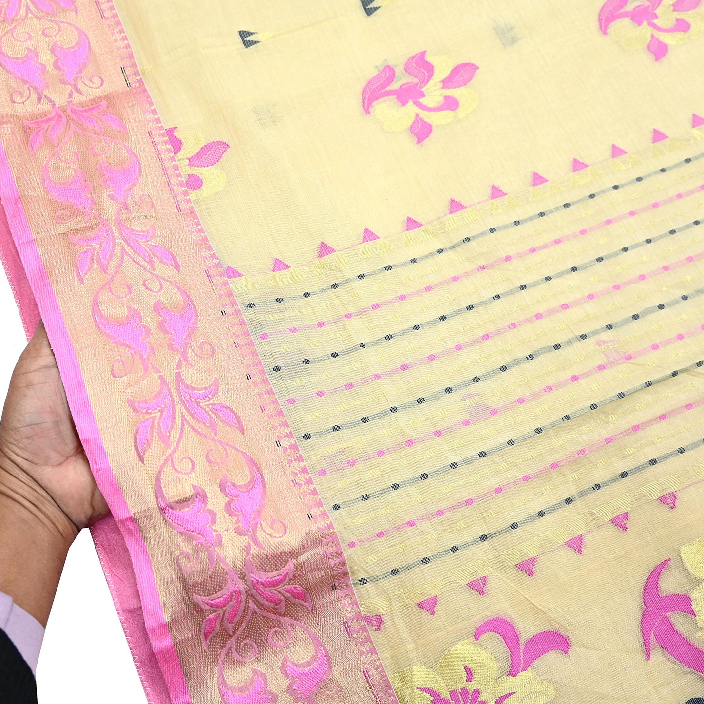 Indian Vintage Sari Beige Pure Cotton Hand Woven Sarees Craft Fabric 5yd Ethnic Floral Crafting Upcycle Quilting Dress Making Fringes