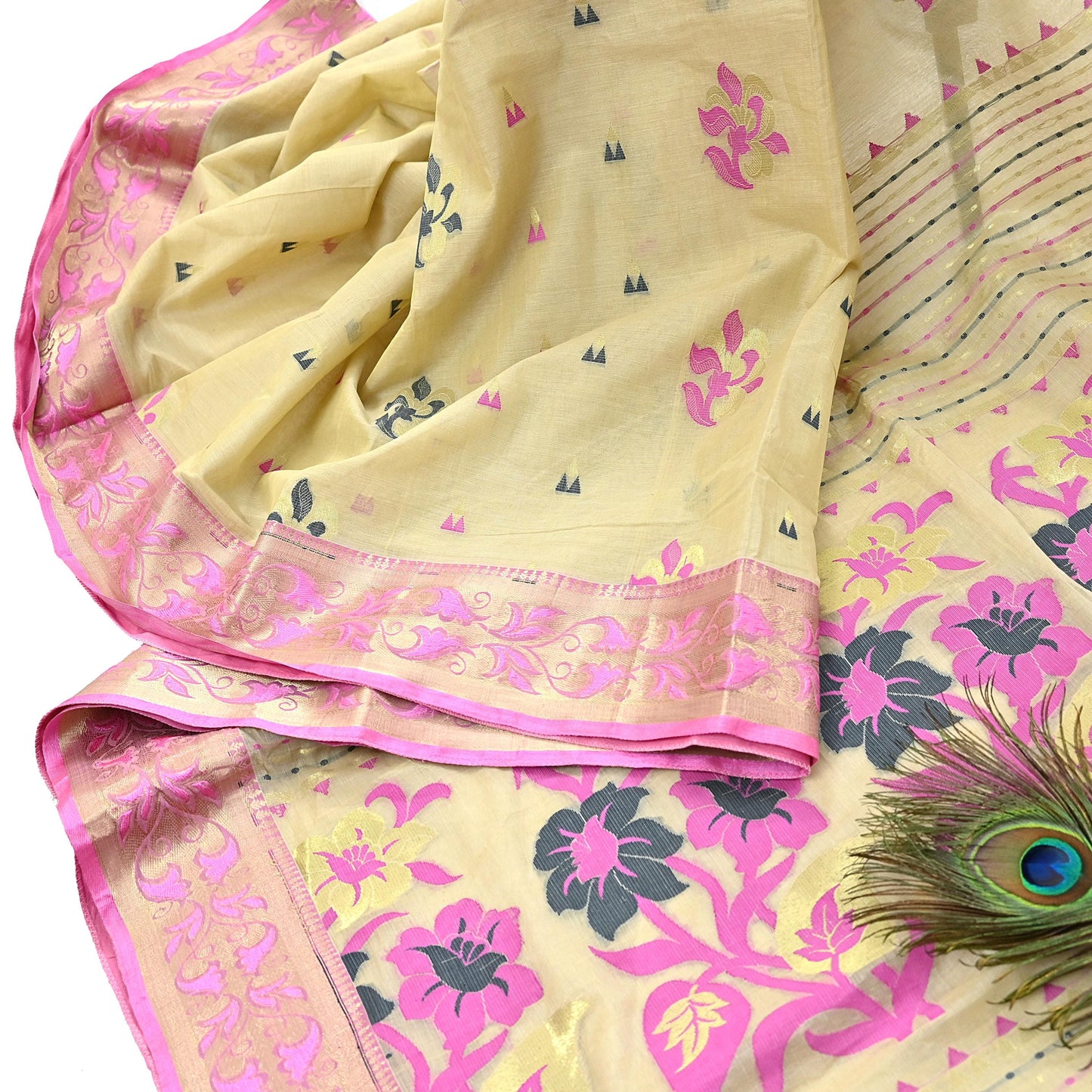 Indian Vintage Sari Beige Pure Cotton Hand Woven Sarees Craft Fabric 5yd Ethnic Floral Crafting Upcycle Quilting Dress Making Fringes