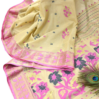 Indian Vintage Sari Beige Pure Cotton Hand Woven Sarees Craft Fabric 5yd Ethnic Floral Crafting Upcycle Quilting Dress Making Fringes