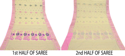 Indian Vintage Sari Beige Pure Cotton Hand Woven Sarees Craft Fabric 5yd Ethnic Floral Crafting Upcycle Quilting Dress Making Fringes