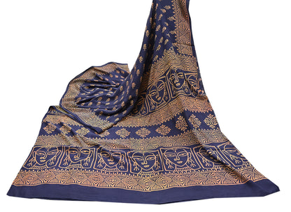 Indian Vintage Sari Blue Pure Chanderi Cotton Hand Block Printed Sarees 5Yd Craft Fabric Soft Sewing Sarong Dress Making Quilting