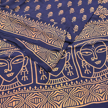 Indian Vintage Sari Blue Pure Chanderi Cotton Hand Block Printed Sarees 5Yd Craft Fabric Soft Sewing Sarong Dress Making Quilting