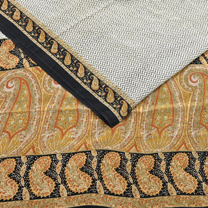 Indian Vintage Sari Ivory & black Pure Crepe Silk Printed Saree 5yard Sewing Quilting Floral Soft Craft Fabric Wrap