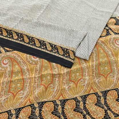 Indian Vintage Sari Ivory & black Pure Crepe Silk Printed Saree 5yard Sewing Quilting Floral Soft Craft Fabric Wrap