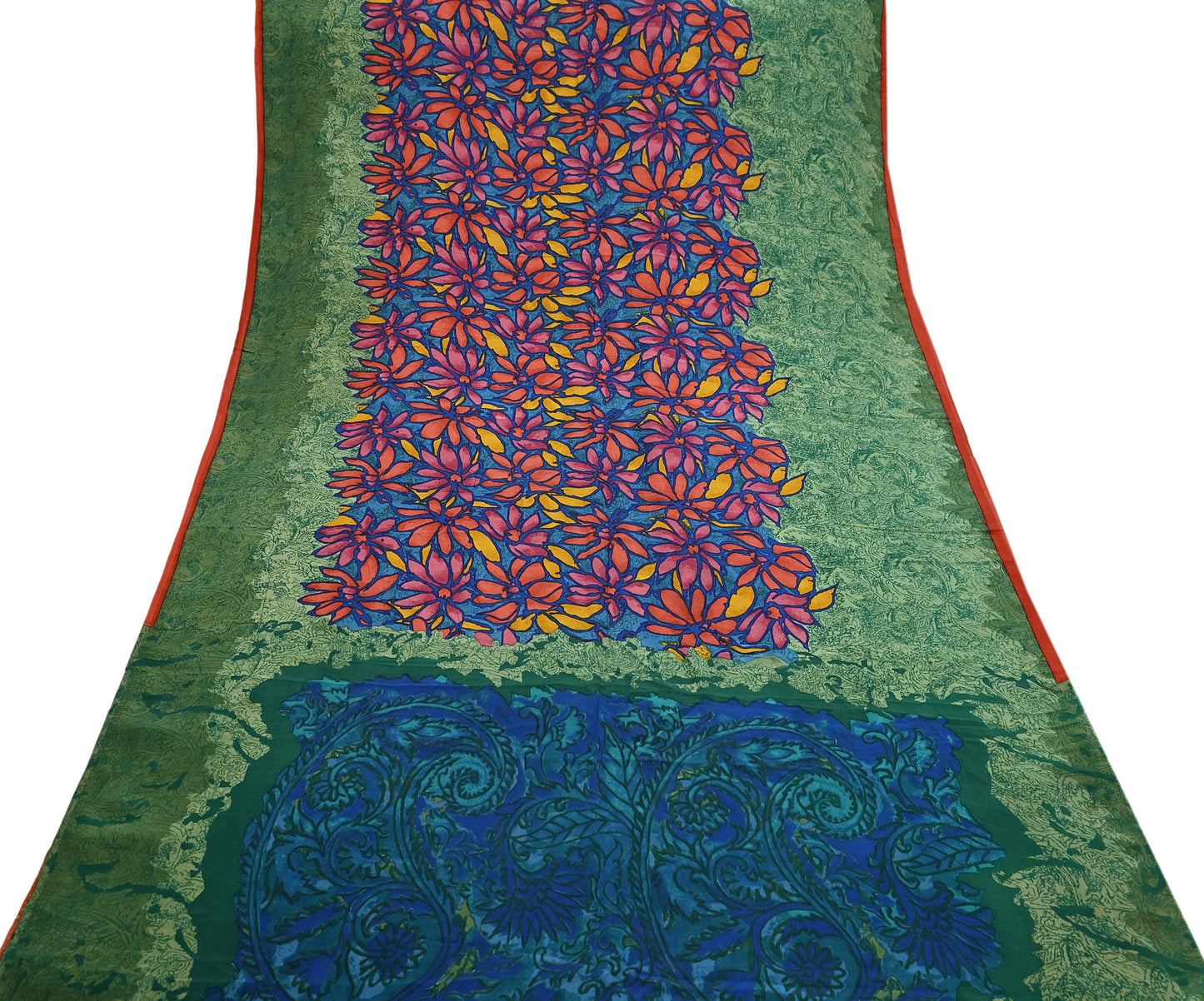 Indian Vintage Sari Green & Blue Pure Crepe Silk Printed Sarees 5yd Sewing Soft Craft Fabric Wrap Dress Making Crafting Quilting Upcycle