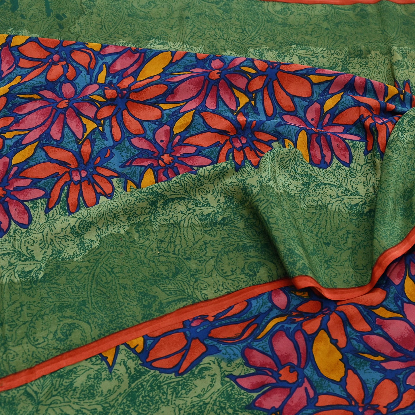 Indian Vintage Sari Green & Blue Pure Crepe Silk Printed Sarees 5yd Sewing Soft Craft Fabric Wrap Dress Making Crafting Quilting Upcycle