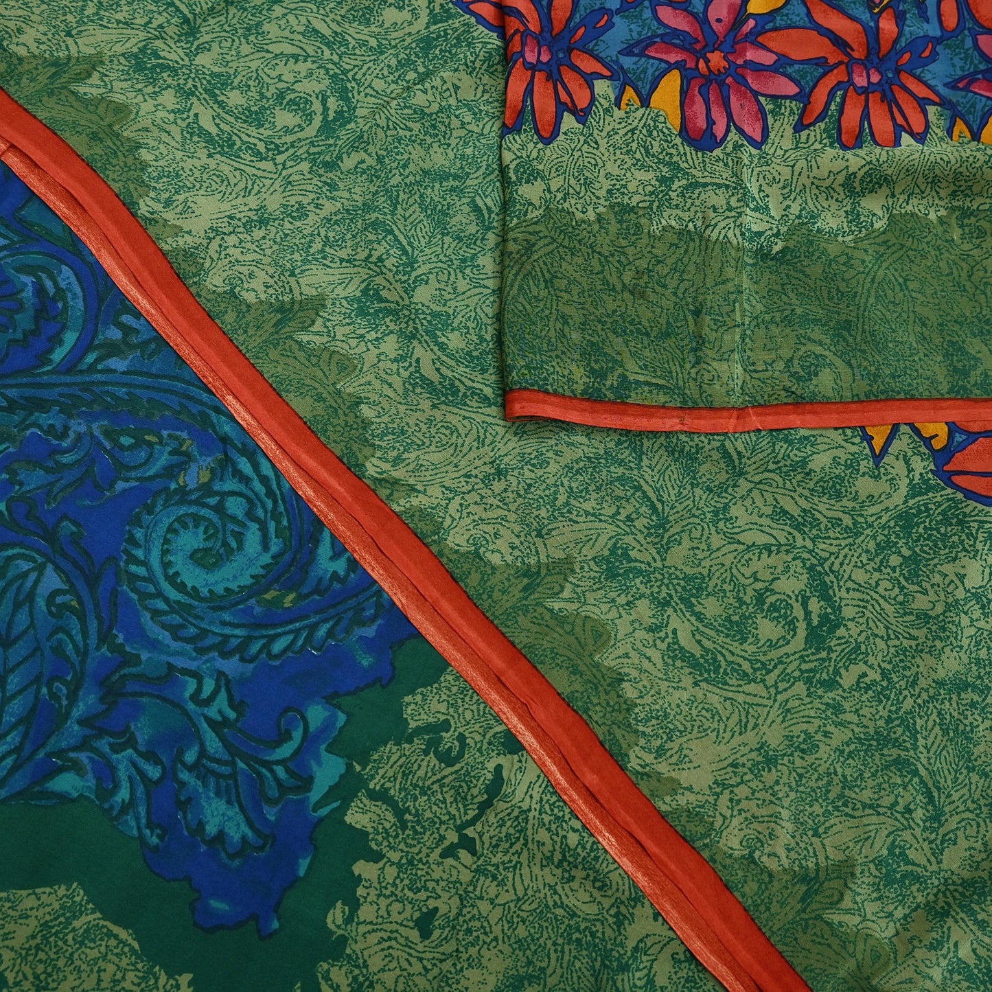 Indian Vintage Sari Green & Blue Pure Crepe Silk Printed Sarees 5yd Sewing Soft Craft Fabric Wrap Dress Making Crafting Quilting Upcycle