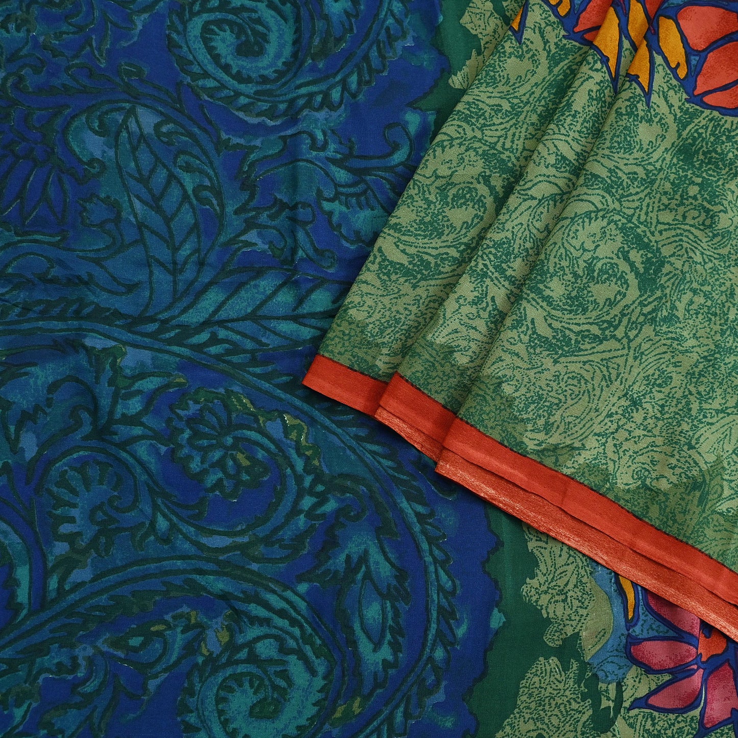 Indian Vintage Sari Green & Blue Pure Crepe Silk Printed Sarees 5yd Sewing Soft Craft Fabric Wrap Dress Making Crafting Quilting Upcycle