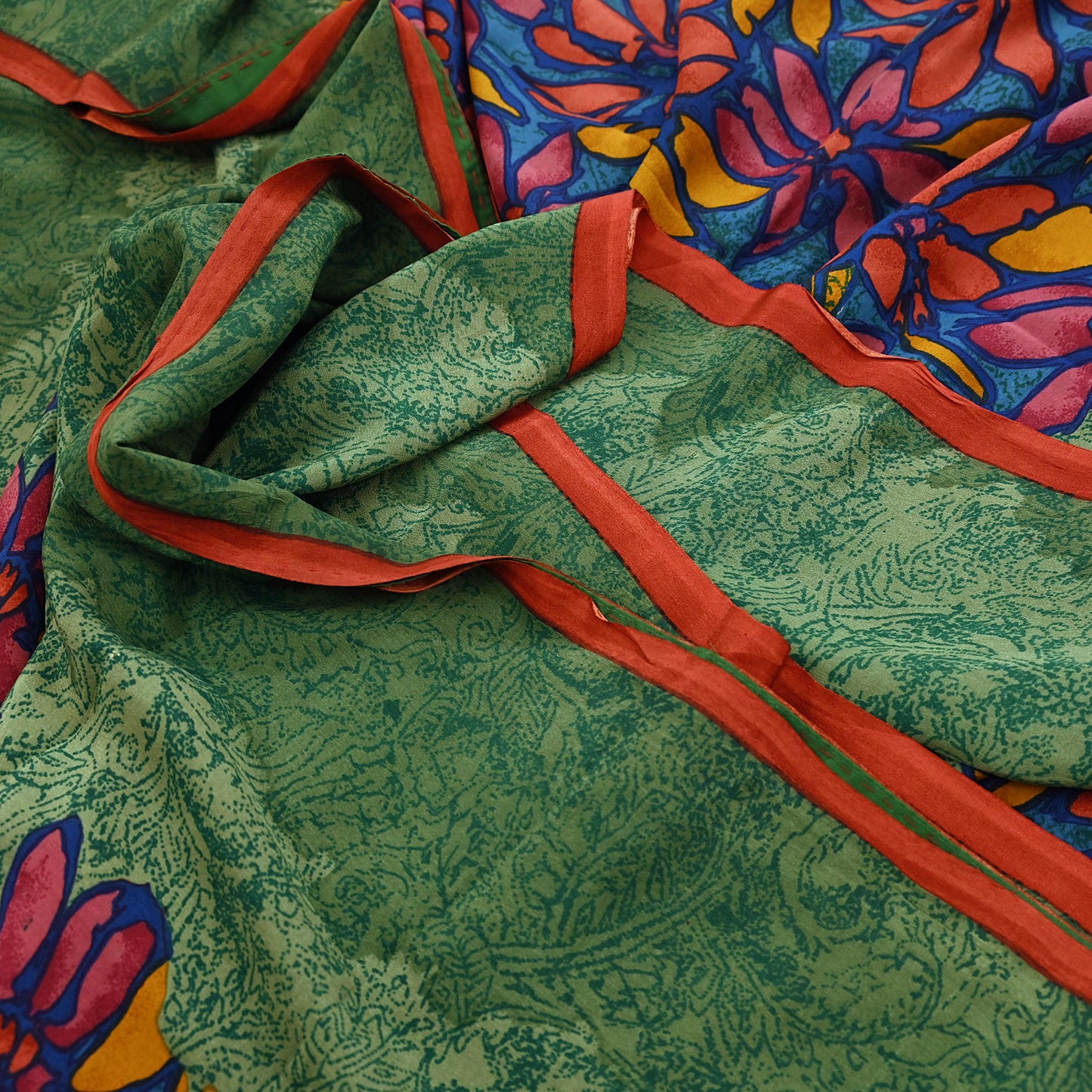 Indian Vintage Sari Green & Blue Pure Crepe Silk Printed Sarees 5yd Sewing Soft Craft Fabric Wrap Dress Making Crafting Quilting Upcycle