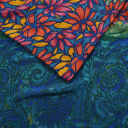 Indian Vintage Sari Green & Blue Pure Crepe Silk Printed Sarees 5yd Sewing Soft Craft Fabric Wrap Dress Making Crafting Quilting Upcycle